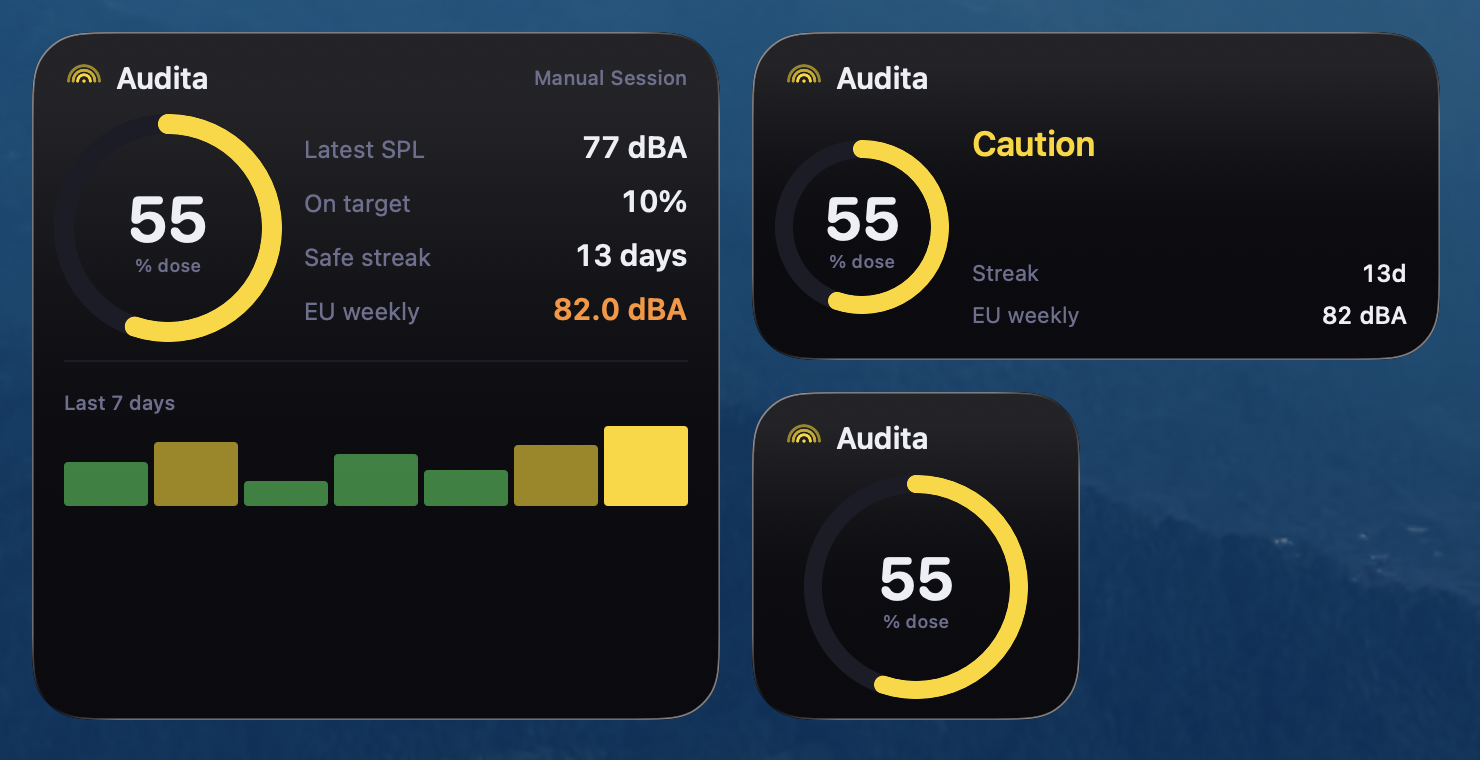 Audita Today's Dose ring (small and medium) and the large Overview tile combining dose, latest SPL, on-target, streak, and the weekly chart