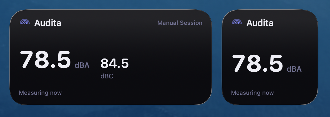 Audita Latest SPL widget (small and medium): most recent A-weighted level, with dBC on the medium size