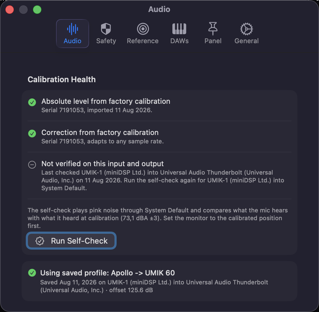 The top of the Settings Audio tab: the Calibration Health card with three status rows for level, mic correction, and verification, the Run Self-Check button, and the row naming the saved profile currently in use