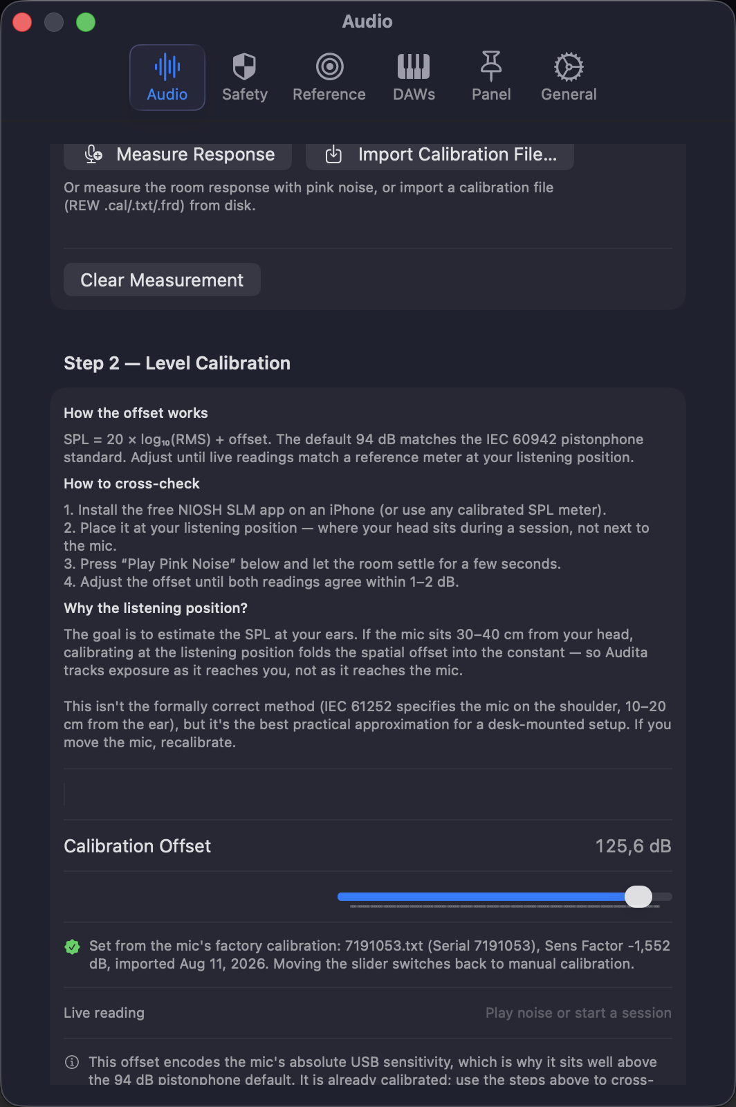 Step 2 in the Settings Audio tab: the calibration offset slider reading 125.6 dB, with a green row noting that the value was set from the microphone's factory calibration file, its serial number, and its Sens Factor
