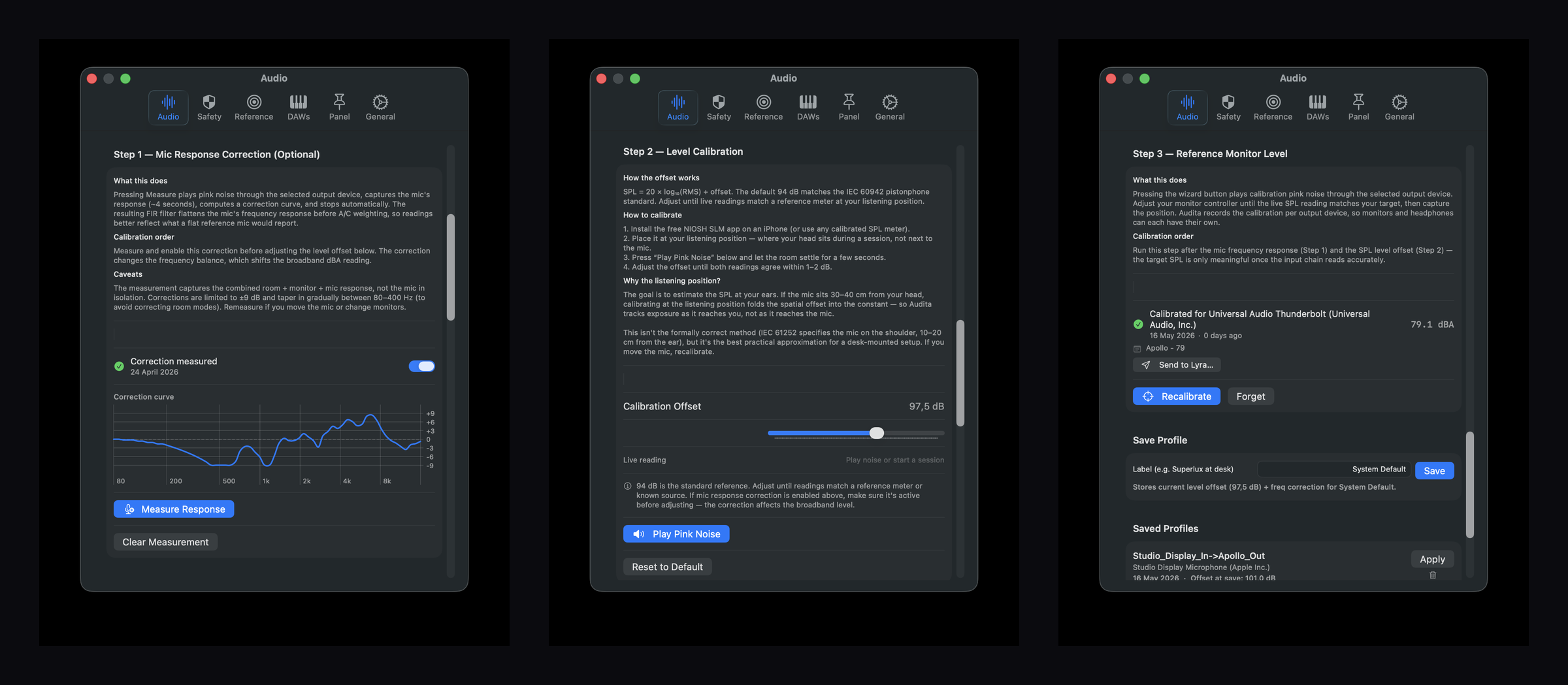 The Settings Audio tab showing the three-step calibration layout: mic frequency response, level offset, and reference monitor level