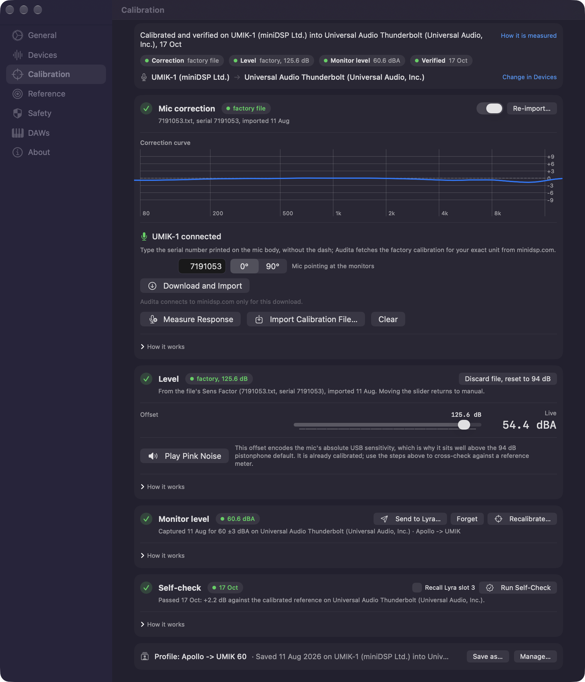 The Settings Calibration page: the verdict line, the Correction, Level, Monitor level and Verified pills, the rig line, and the Mic correction card with its correction curve, with the Level, Monitor level and Self-check cards and the profile footer below