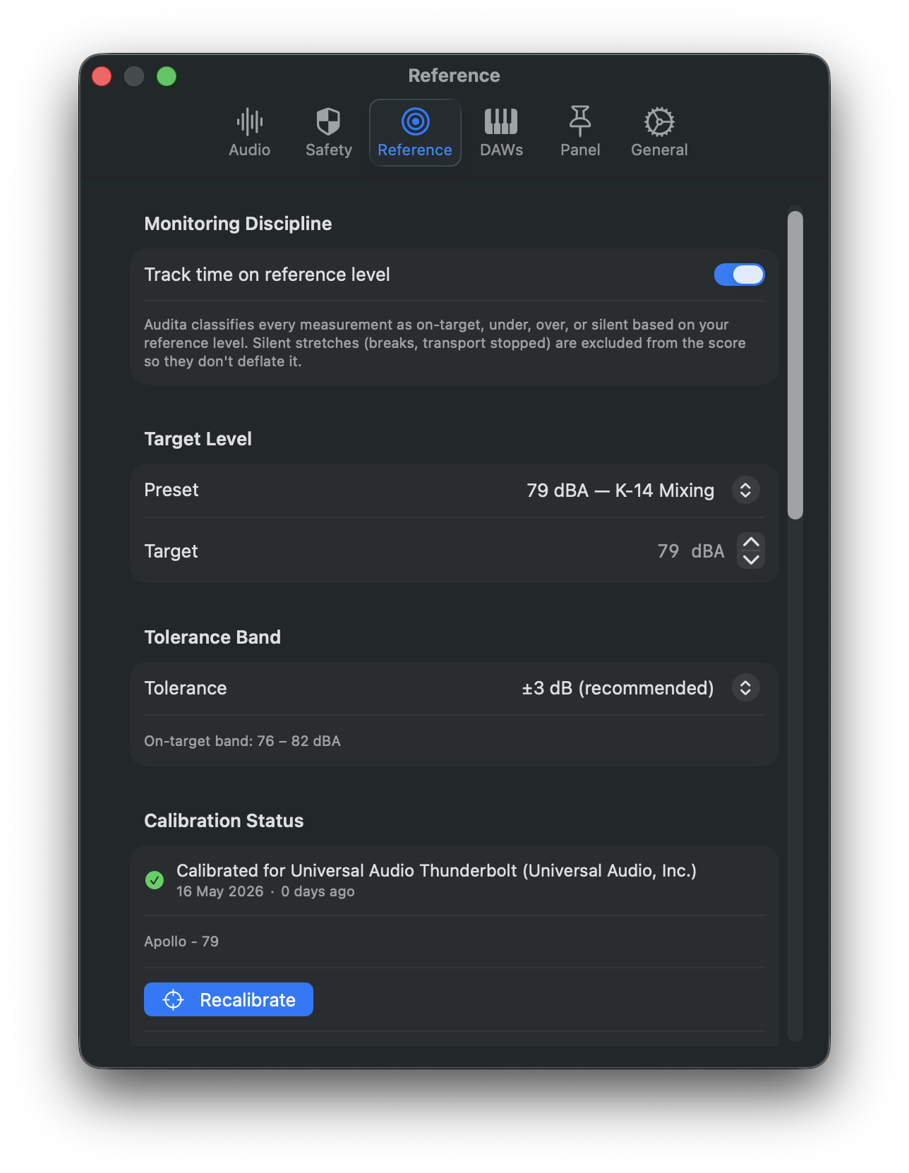 The Settings Reference tab with the K-14, K-12, K-20 and mastering presets visible, the tolerance slider, and the on-target and off-target alert toggles