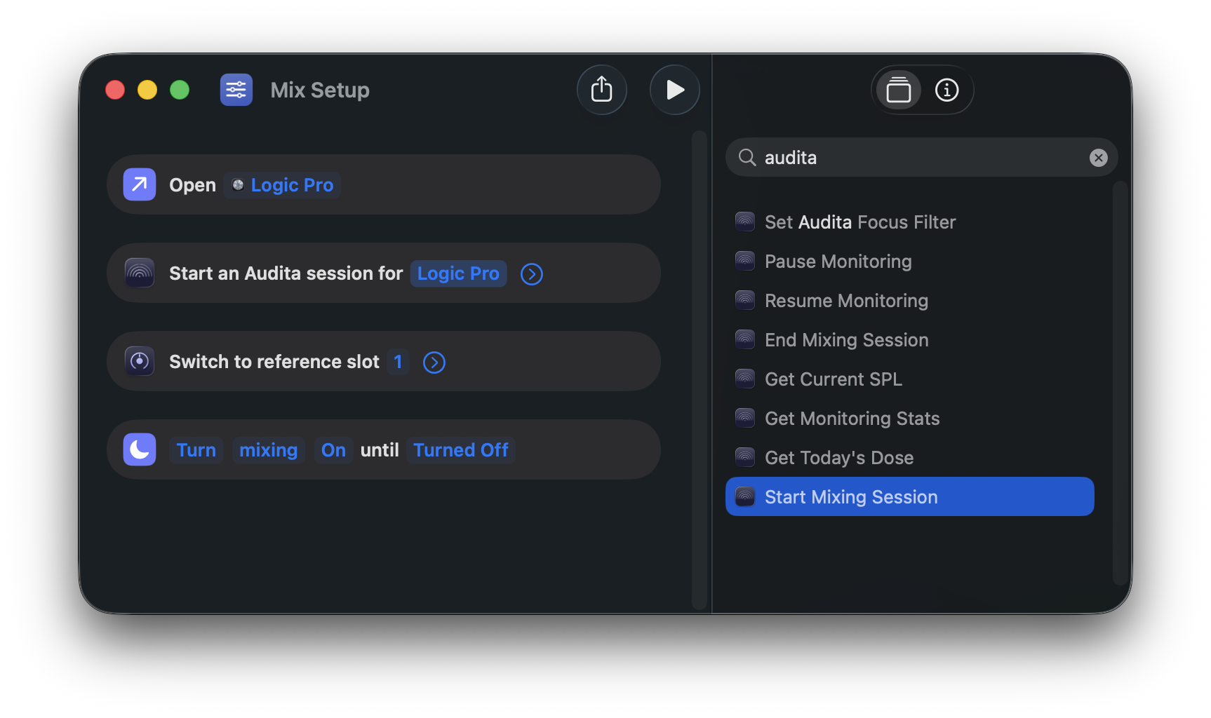 A Shortcut named 'Mix Setup' in the Shortcuts app: Open Logic Pro, Start an Audita session for Logic Pro, Switch to reference slot 1 in Lyra, Turn Mixing Focus on until turned off. The Audita intent library is visible on the right side of the window.