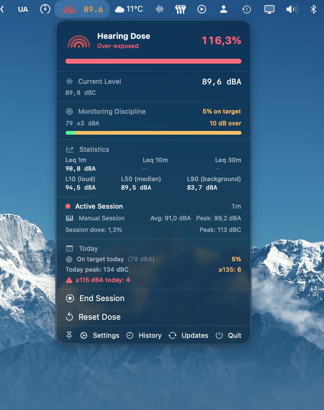 Audita menu bar popover - Danger dose tier (red)