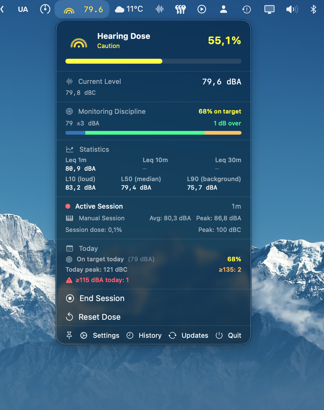 Audita menu bar popover - Caution dose tier (yellow)