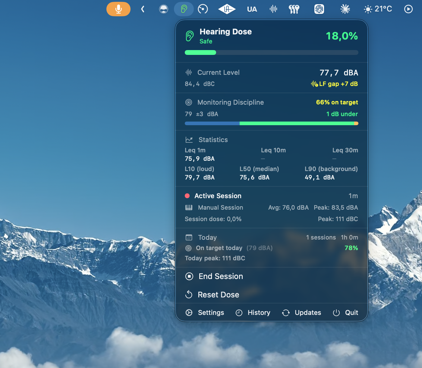 Audita menu bar popover — Safe dose level (green) with monitoring discipline gauge