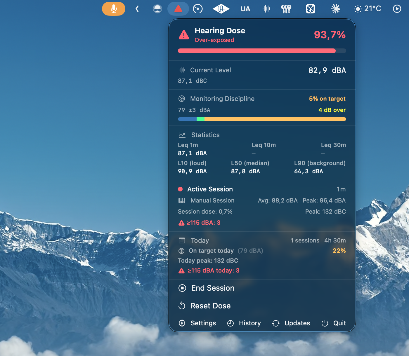 Audita menu bar popover — Over-exposed dose level (red) with monitoring discipline gauge
