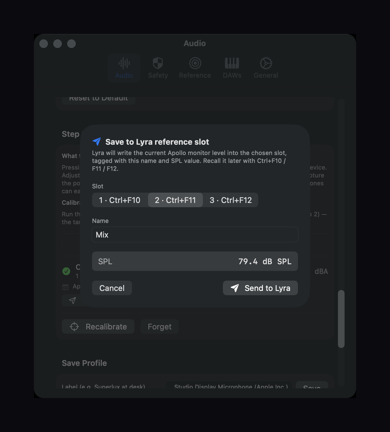 Audita's Send to Lyra sheet — write a calibration straight into one of Lyra's three reference slots