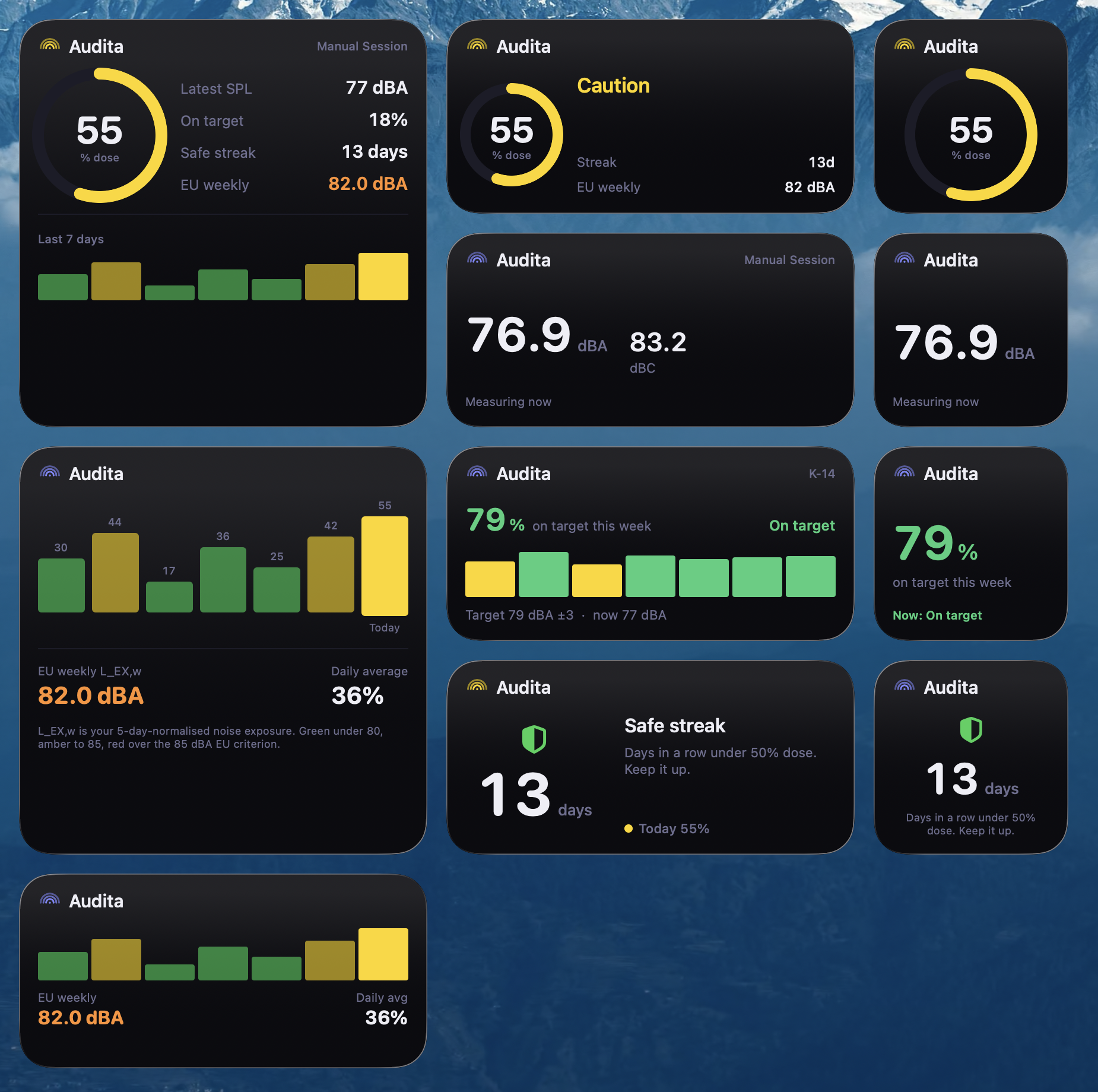 Audita's six desktop widgets: On Target (weekly monitoring discipline), Today's Dose, Latest SPL, Safe Streak, Weekly Exposure (EU L_EX,w), and the Overview tile, shown across small, medium, and large sizes