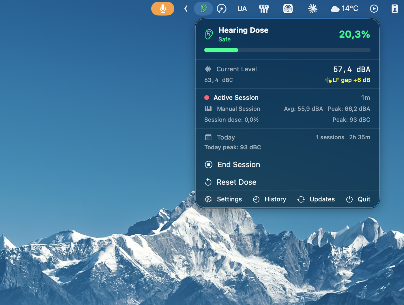 Auris menu bar popover — Safe dose level (green)