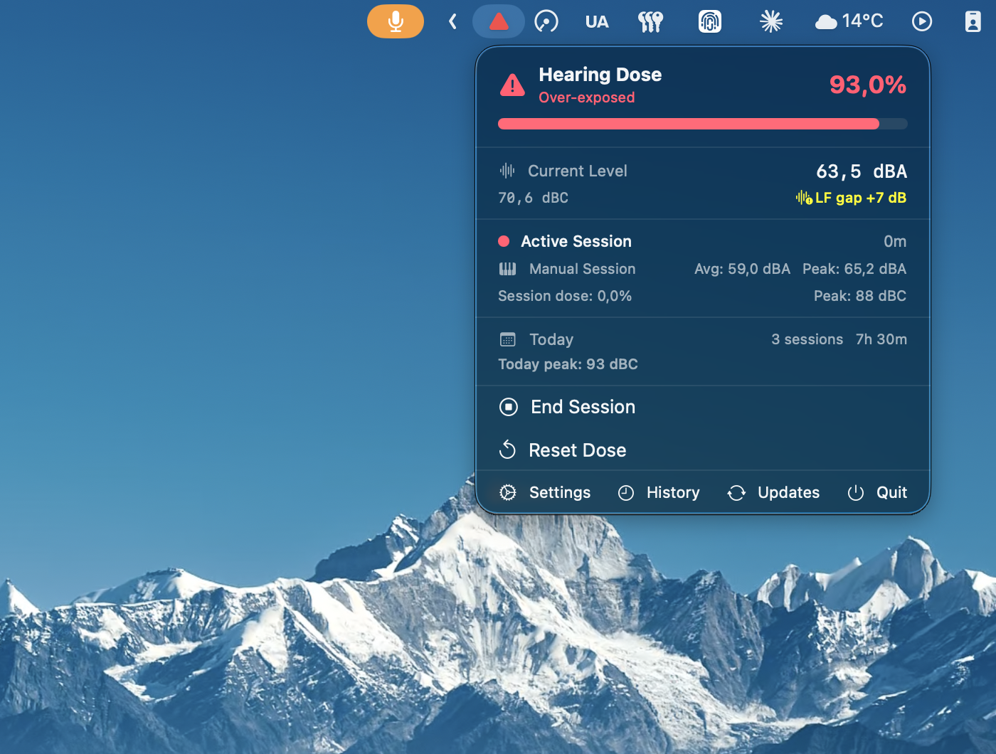 Auris menu bar popover — Danger dose level (red)