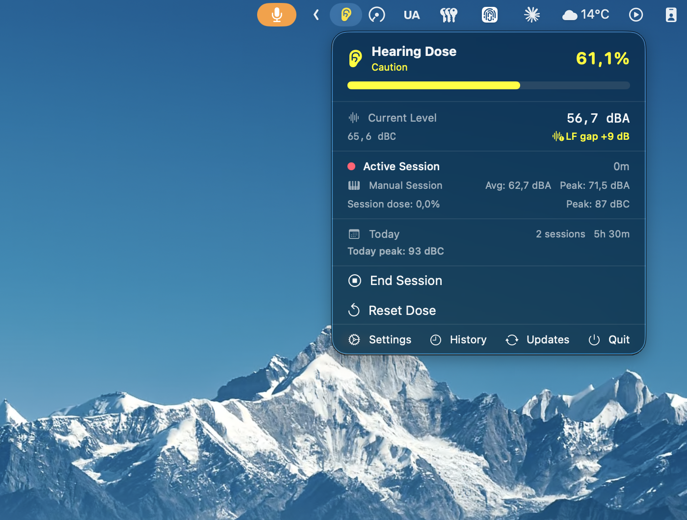Auris menu bar popover — Caution dose level (yellow)