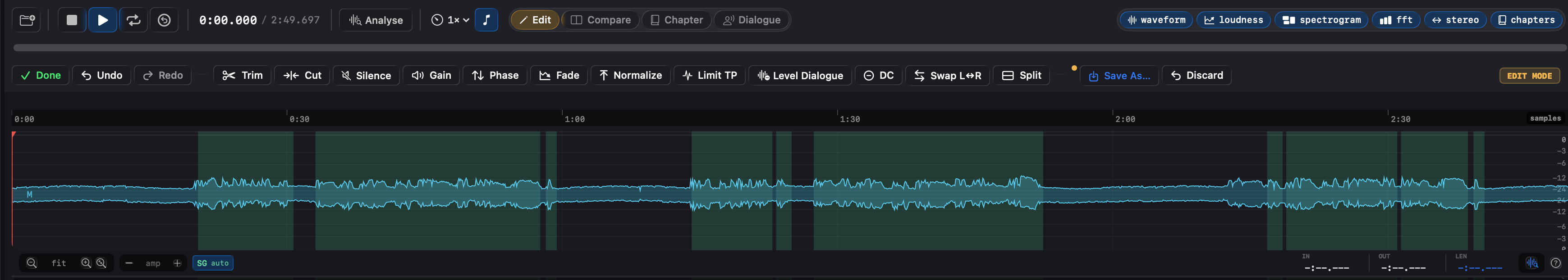 A Specula waveform with the speech regions highlighted in green and the gaps between them left dark