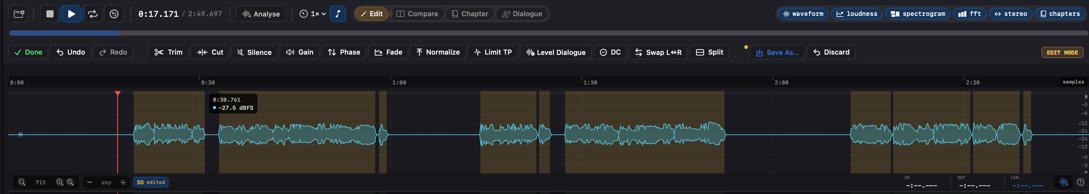 The same Specula waveform after the level in the non-speech gaps has been pulled down, with the speech regions highlighted in amber