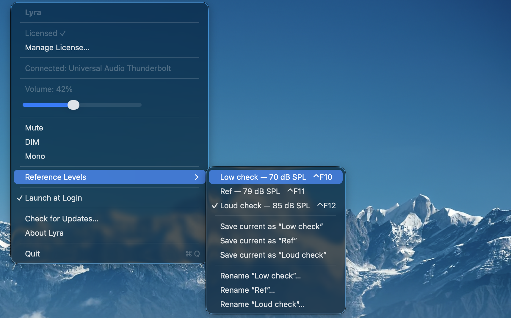 Lyra menu bar menu showing three reference slots: Low check at 70 dBA, Ref at 79 dBA, and Loud check at 85 dBA