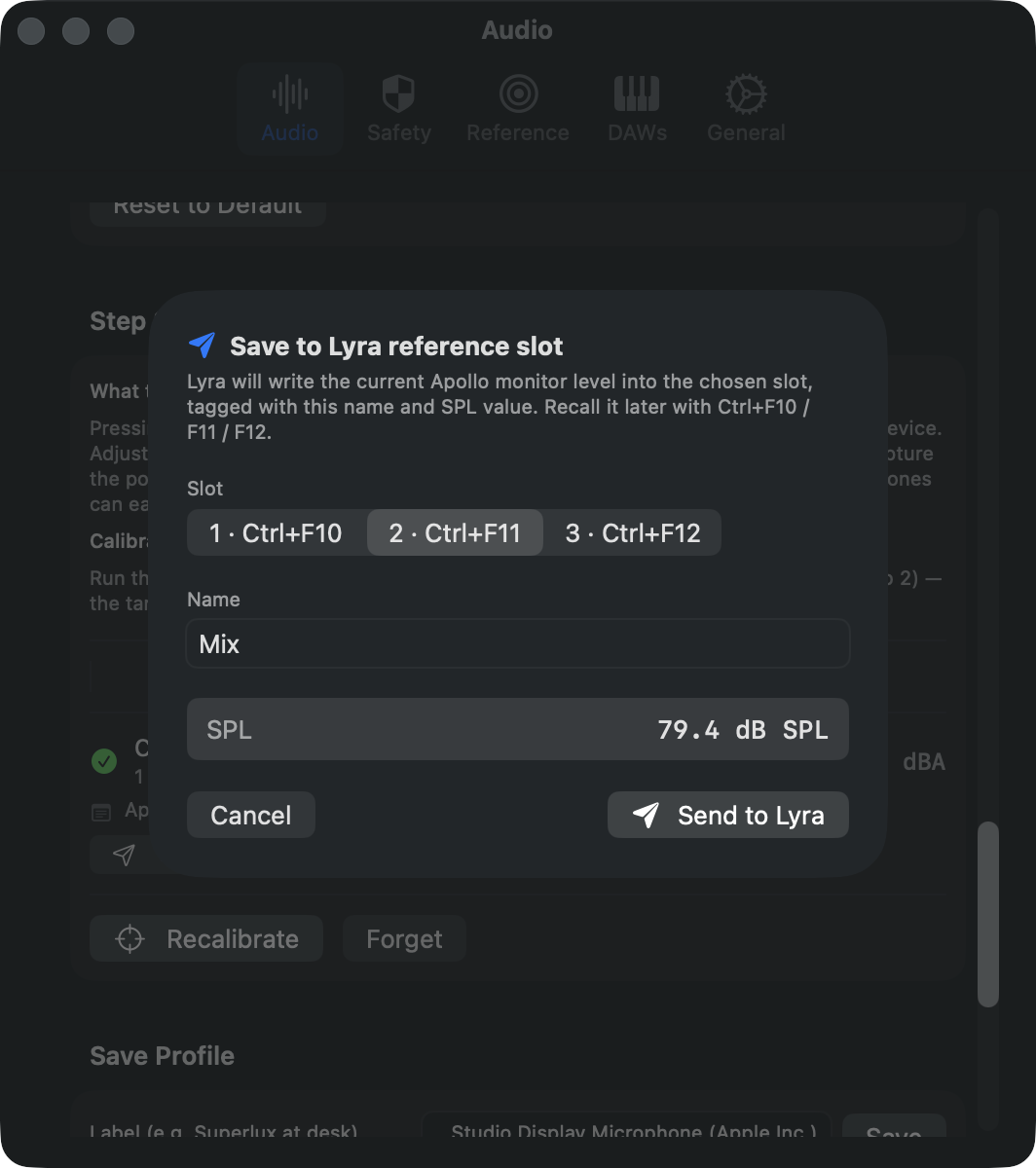 Send to Lyra sheet with slot 2 selected, name 'Mix', and 79.4 dB SPL