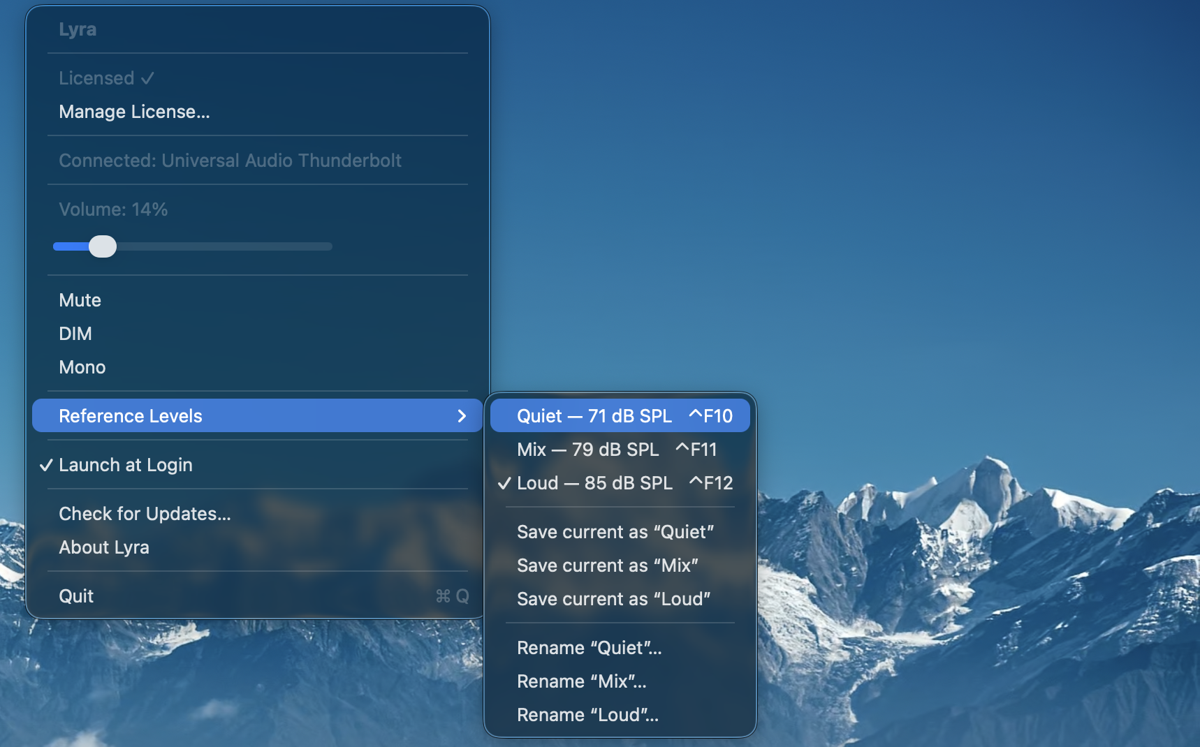 Lyra menu bar menu showing the three reference slots labelled Quiet, Mix, and Loud, each with a dB SPL value