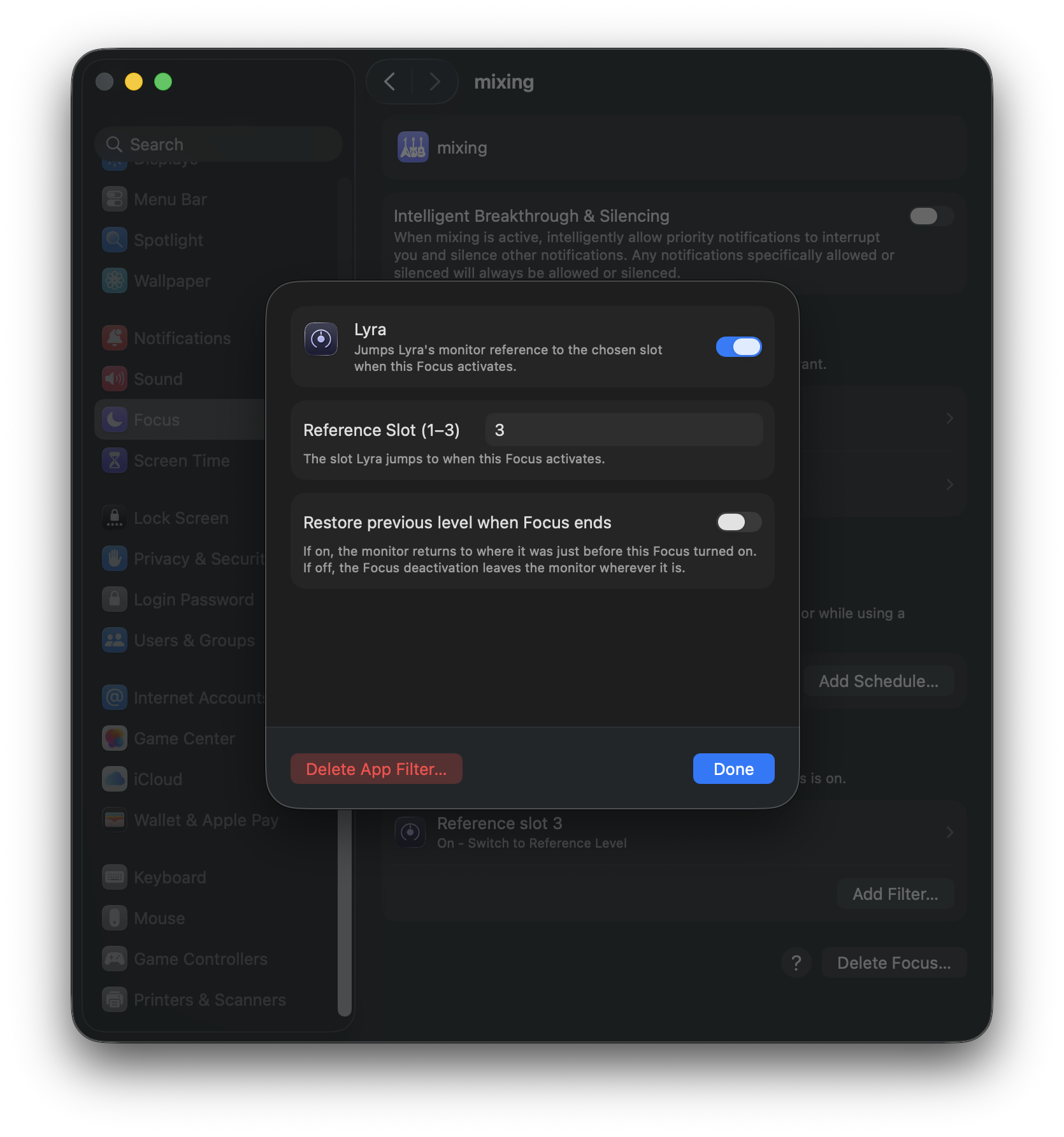 System Settings Focus pane: a 'mixing' Focus with the Lyra Focus Filter expanded, set to Reference Slot 3 with the 'Restore previous level when Focus ends' toggle visible