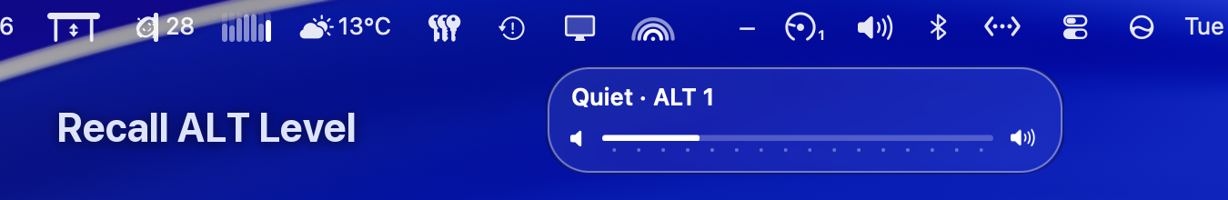 The Volume HUD after recalling an ALT 1 slot - the name line reads Quiet · ALT 1