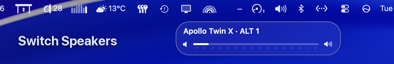 The Volume HUD on ALT speakers - the name line reads Apollo Twin X · ALT 1, and the menu bar icon carries a small 1