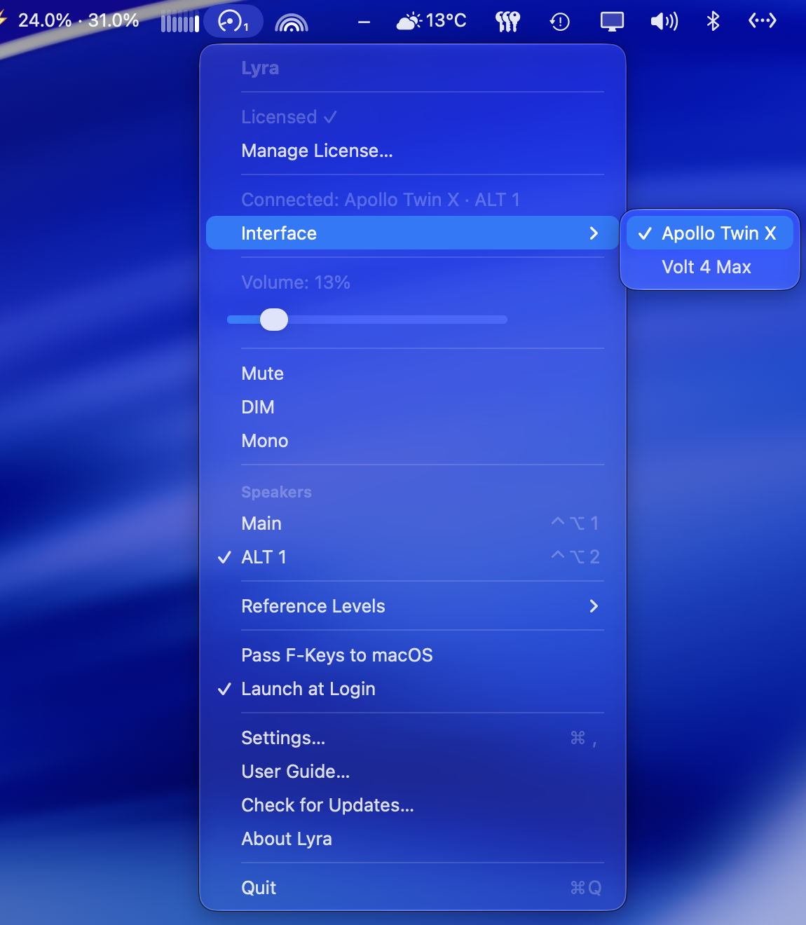 Lyra menu with the Speakers section (Main, ALT 1 checked) and the Interface submenu listing Apollo Twin X, checked, and Volt 4 Max