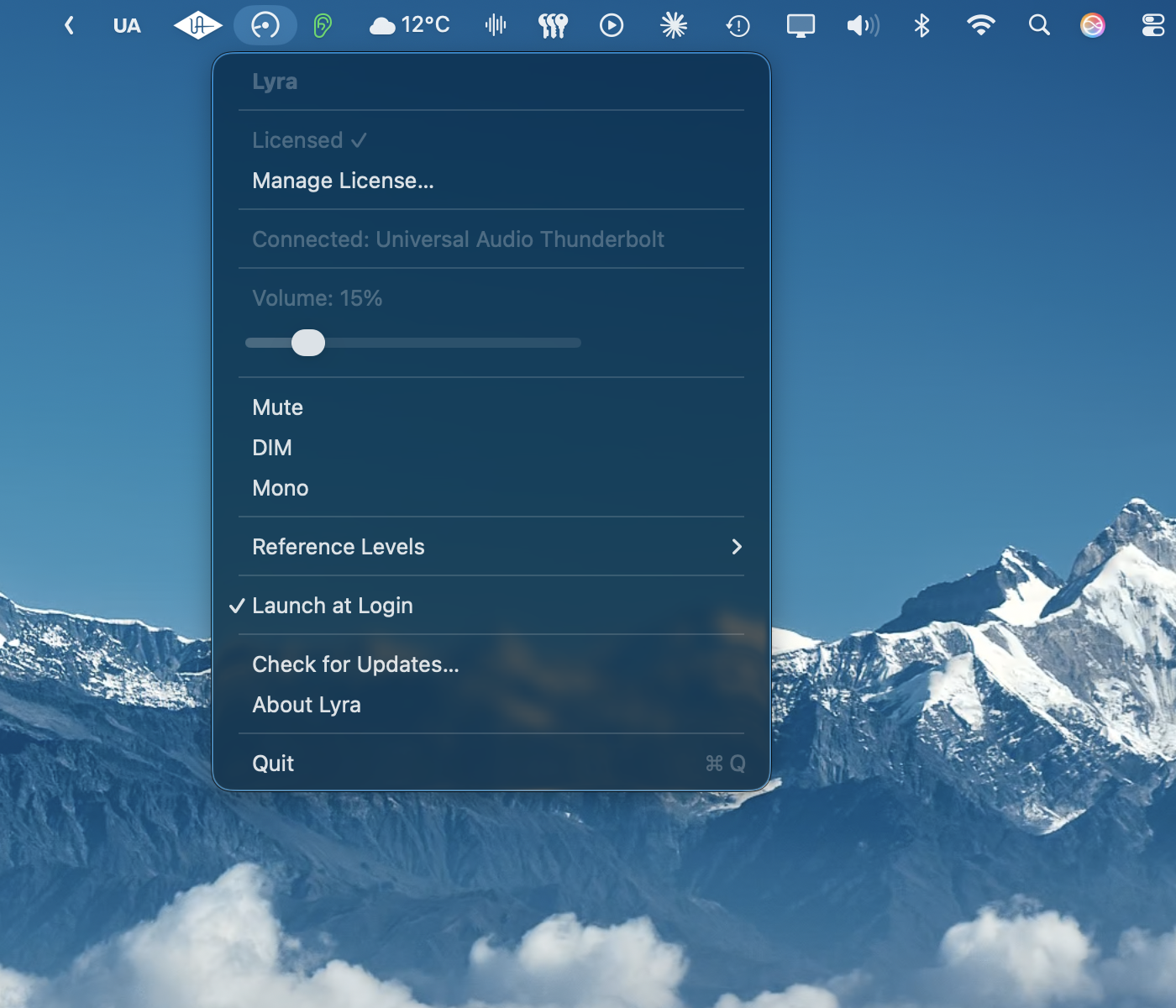 The Lyra menu bar popover with license status, connected Apollo device, volume slider, Mute/DIM/Mono toggles, and the Reference Levels submenu