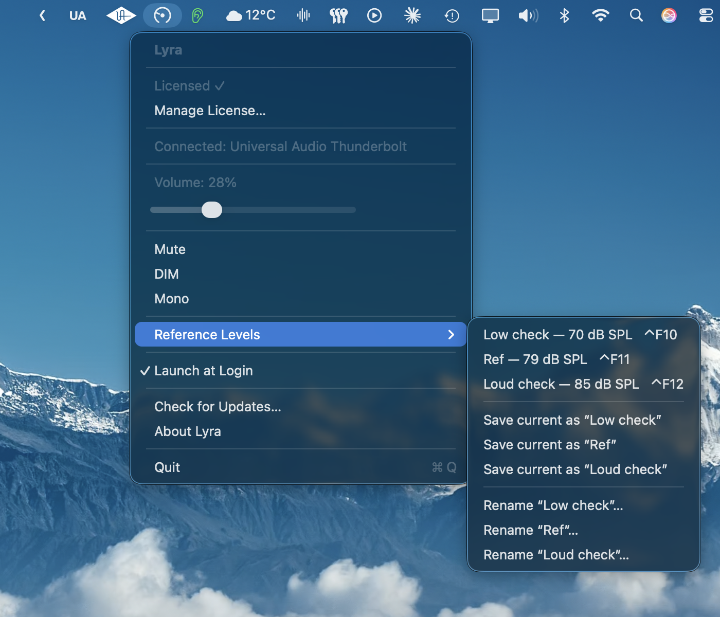 Lyra's Reference Levels submenu with three named slots plus Save and Rename actions