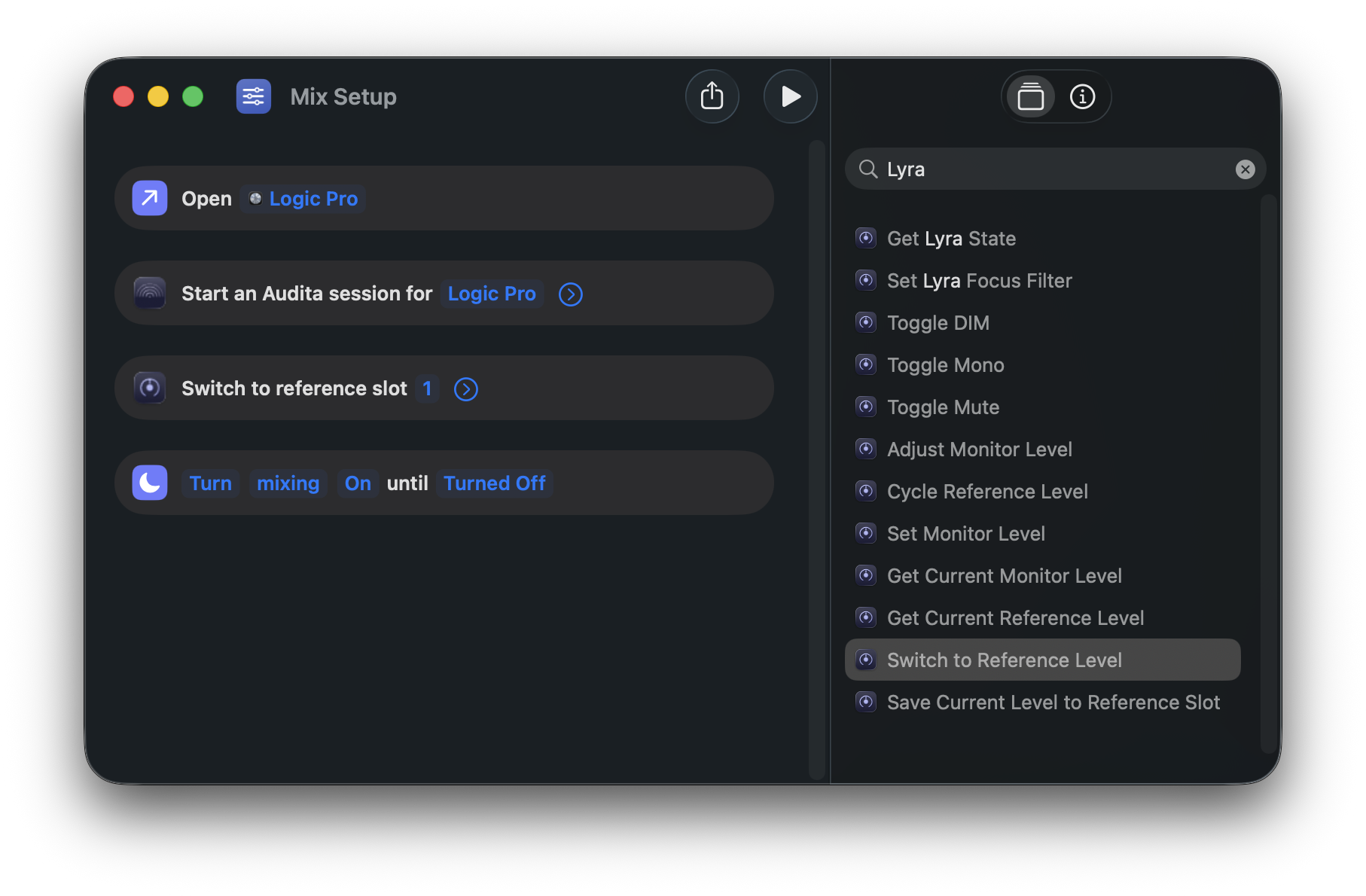 The Shortcuts app: a built 'Mix Setup' Shortcut chaining several Lyra intents on the left, and the full Lyra action library searched on the right