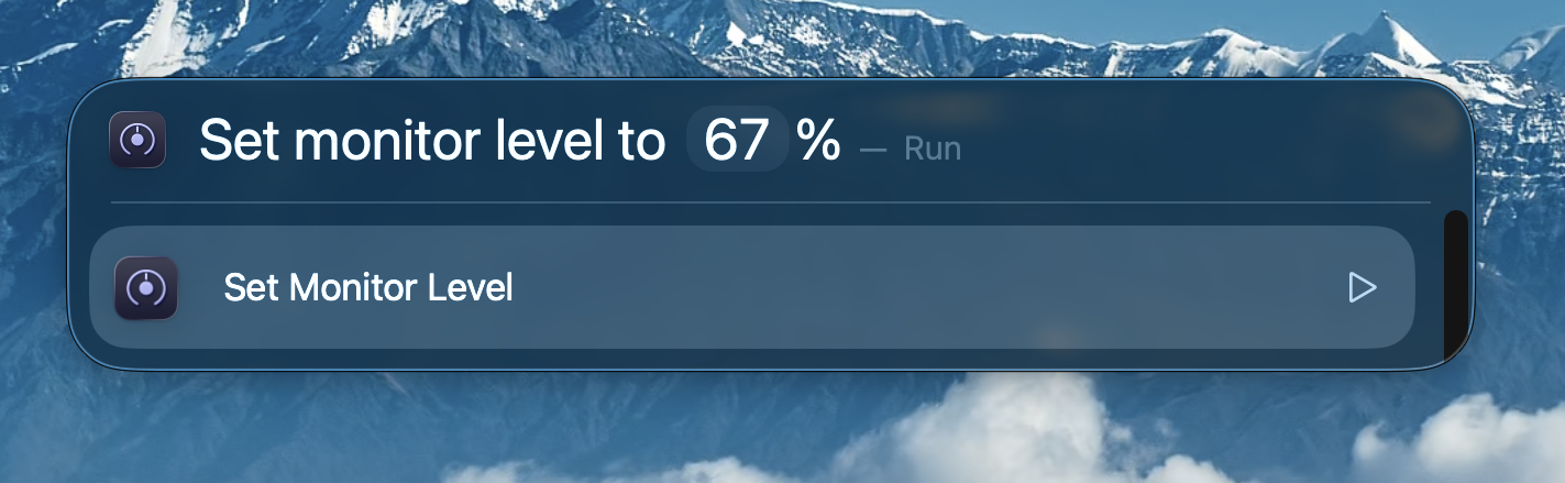 Spotlight result for monitor level - Lyra App Shortcut surfaces the current dB reading