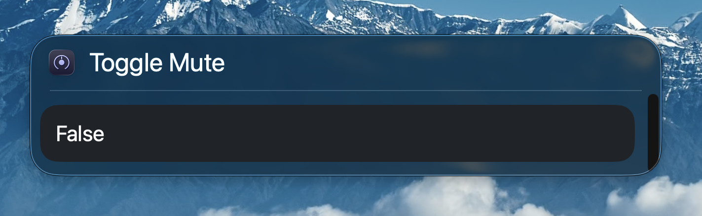 Spotlight running the 'Toggle mute in Lyra' App Shortcut and showing the returned state