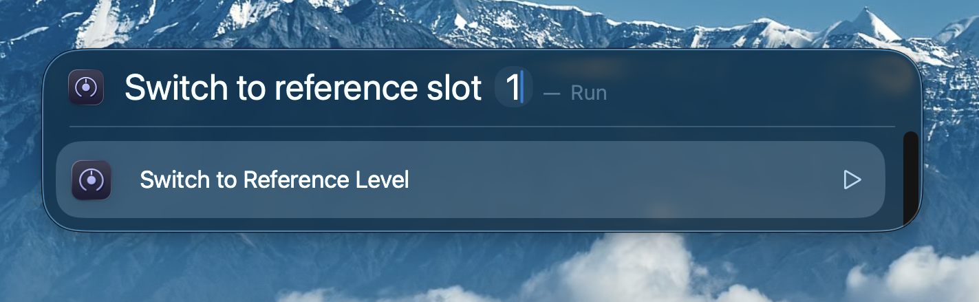 Spotlight running the 'Switch reference level in Lyra' App Shortcut