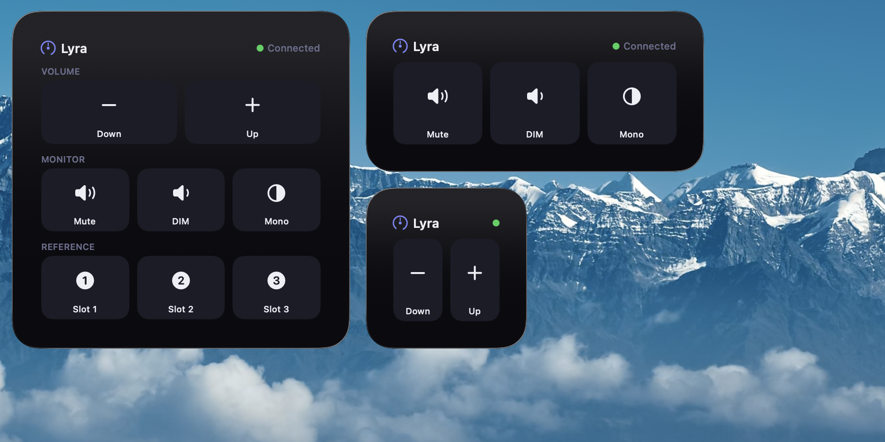 Lyra's widgets on the macOS desktop - the large Control Panel (volume, Mute/DIM/Mono, reference slots 1-3), the Monitor Toggles widget, and the Volume widget, each under a Lyra header with a green connection dot