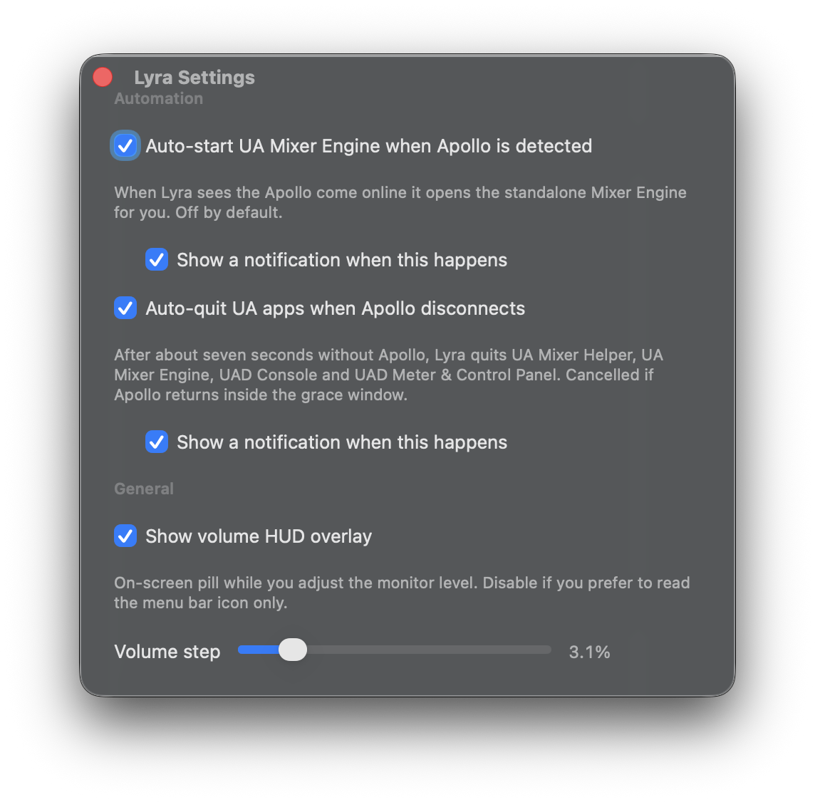 Lyra's Settings window in its default appearance: an Automation section with auto-start and auto-quit toggles (both off) plus their paired notification sub-toggles, and a General section with the volume HUD toggle and volume step slider