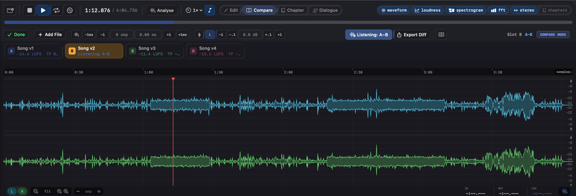 Compare with Listen to Diff engaged; the waveform shows the low-level residual.