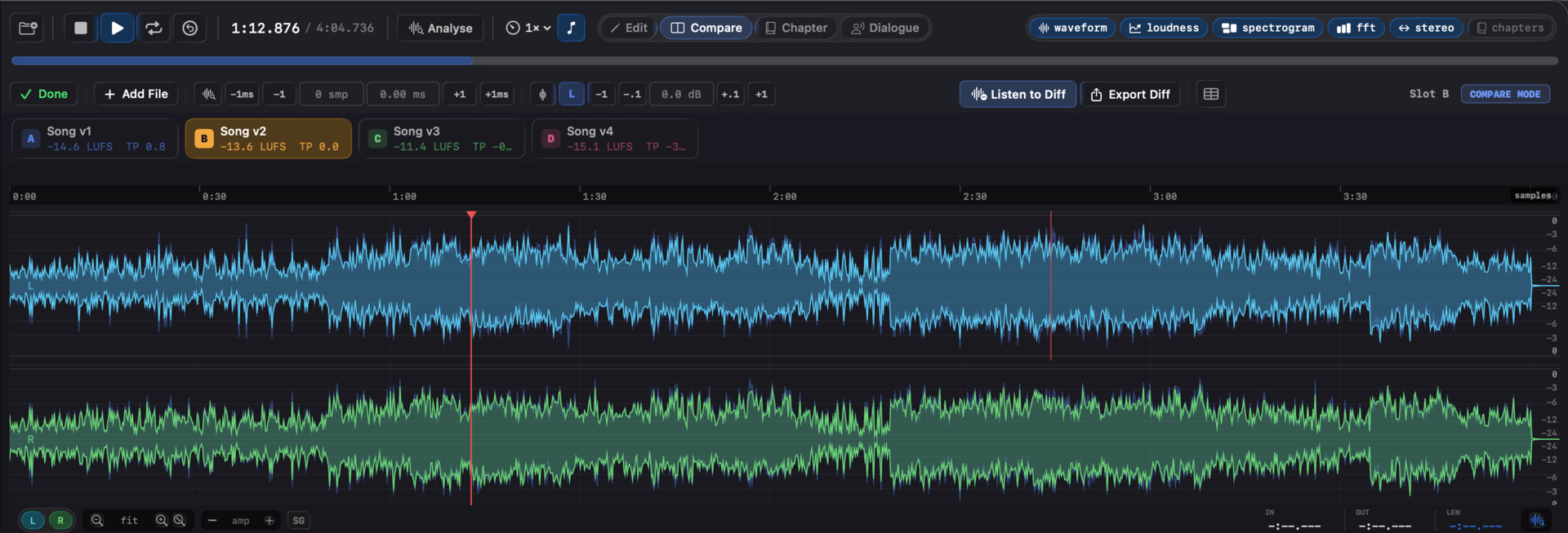 Compare mode with multiple slots loaded, the file dock showing per-slot metrics.