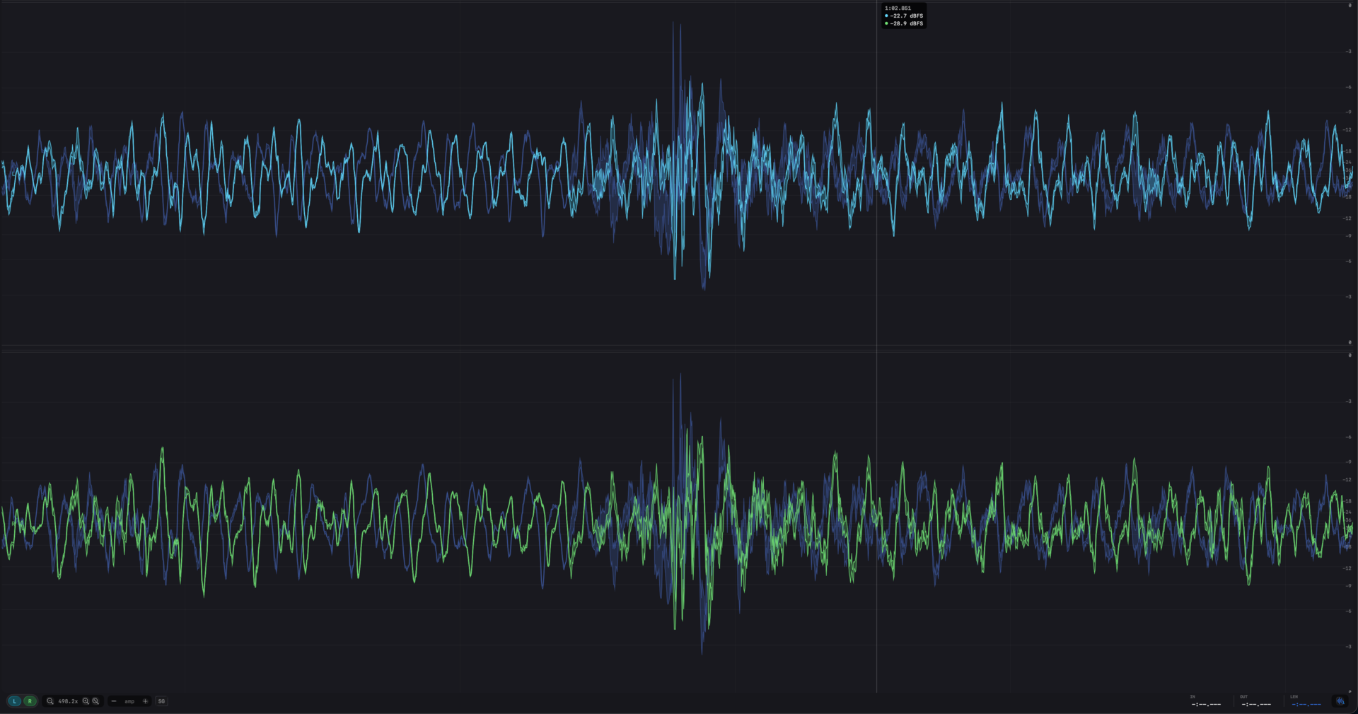 Waveform compare with slot A drawn as a ghost behind the active slot for visual alignment.