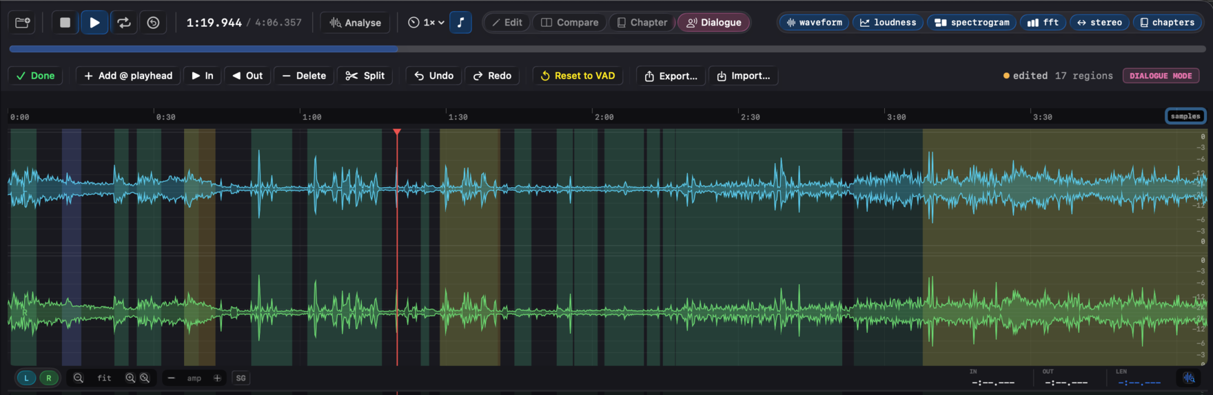 Dialogue mode with region tints for auto, edited, and hand-painted regions and the dialogue toolbar.