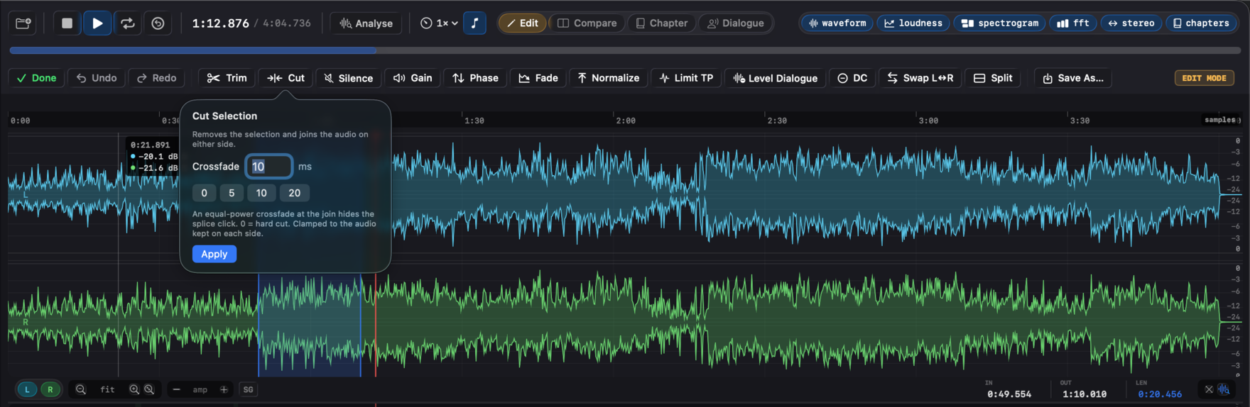 The Cut popover with a crossfade-milliseconds field and presets, with a selection active.