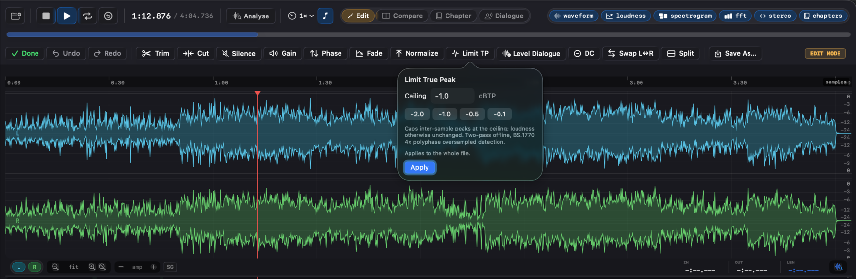 The Limit TP popover with true-peak ceiling presets.