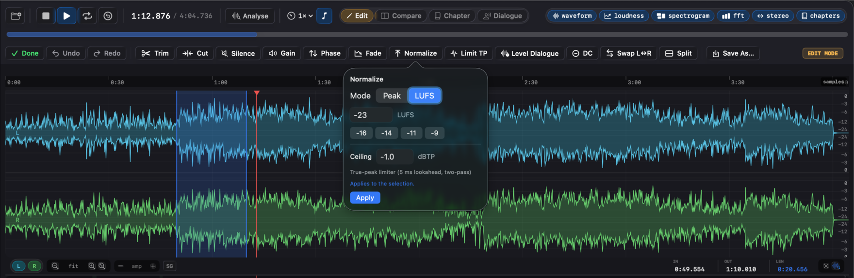 A Normalize popover showing the 'Applies to the selection' scope hint with a time range active.