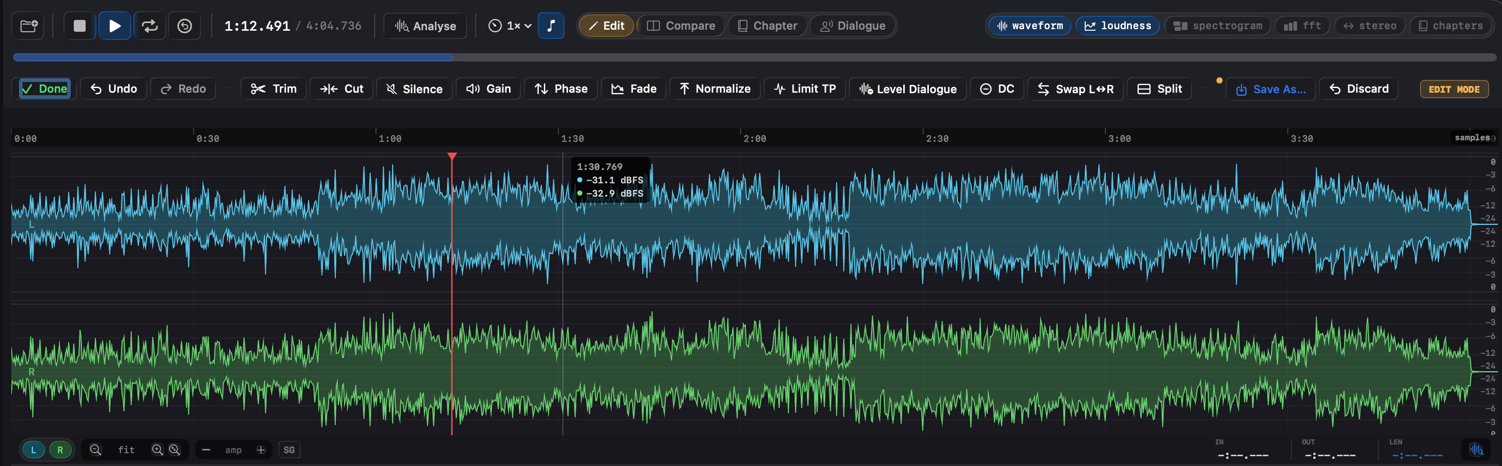 Specula's edit toolbar with the amber EDIT badge and operations: Trim, Cut, Gain, Silence, Fade, Normalize, Limit TP, Level Dialogue and more.