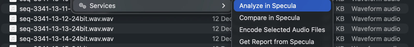 The Finder right-click Services menu with Analyze in Specula, Compare in Specula and Get Report from Specula.