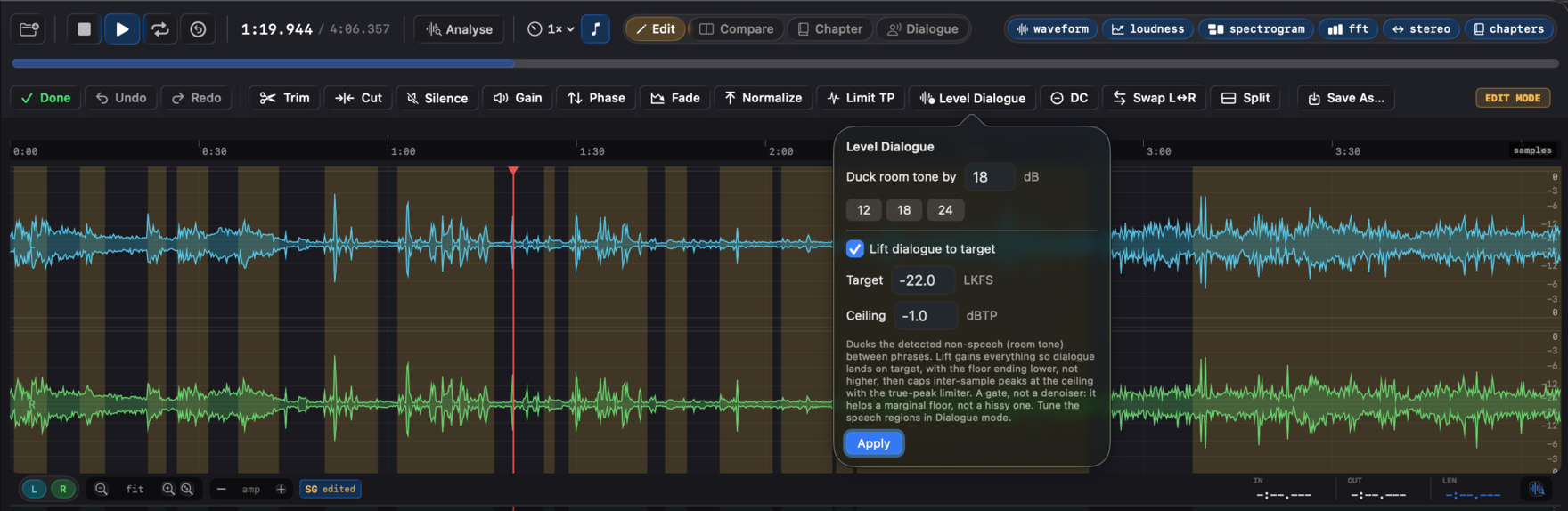The Level Dialogue popover ducking room tone and lifting dialogue to a target.