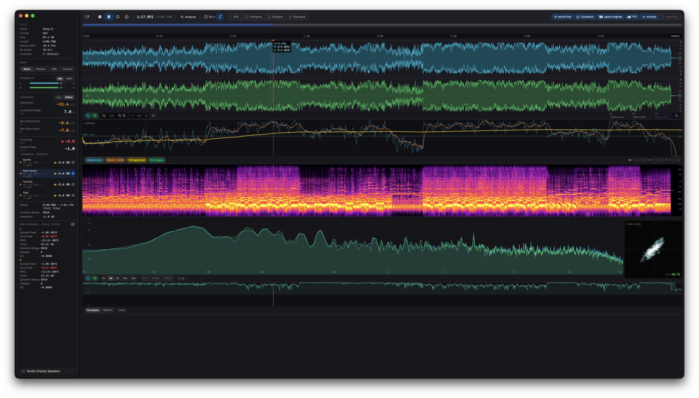 A loudness target row with match-to-target engaged, playing at the platform reference through a true-peak limiter.