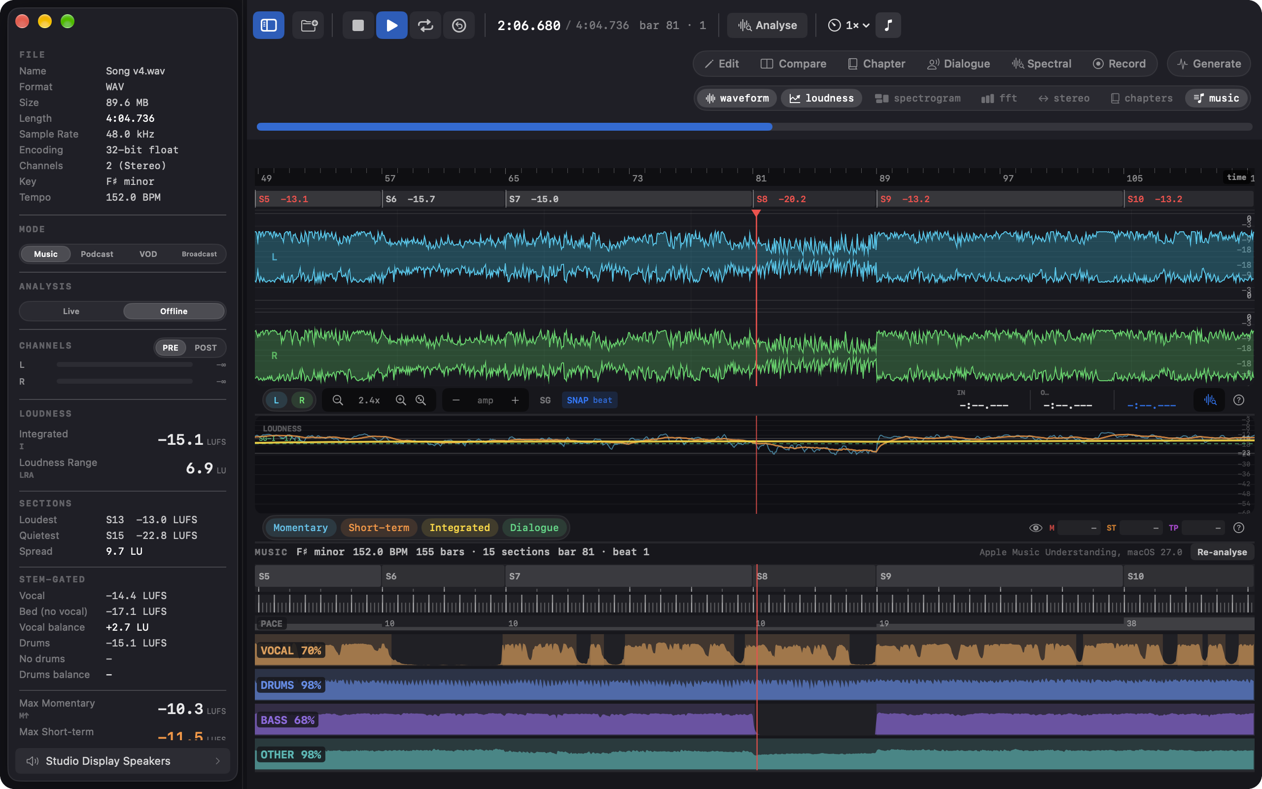 Specula's main window on a song in Music mode after the analysis has run: Key and Tempo rows in the sidebar's File section, a band of section labels with their integrated LUFS under the waveform's ruler, the SNAP chip in the waveform's control strip, and the Music module open below with section bands, a beat and bar grid, a pace step line, and four stem lanes for Vocal, Drums, Bass, and Other.