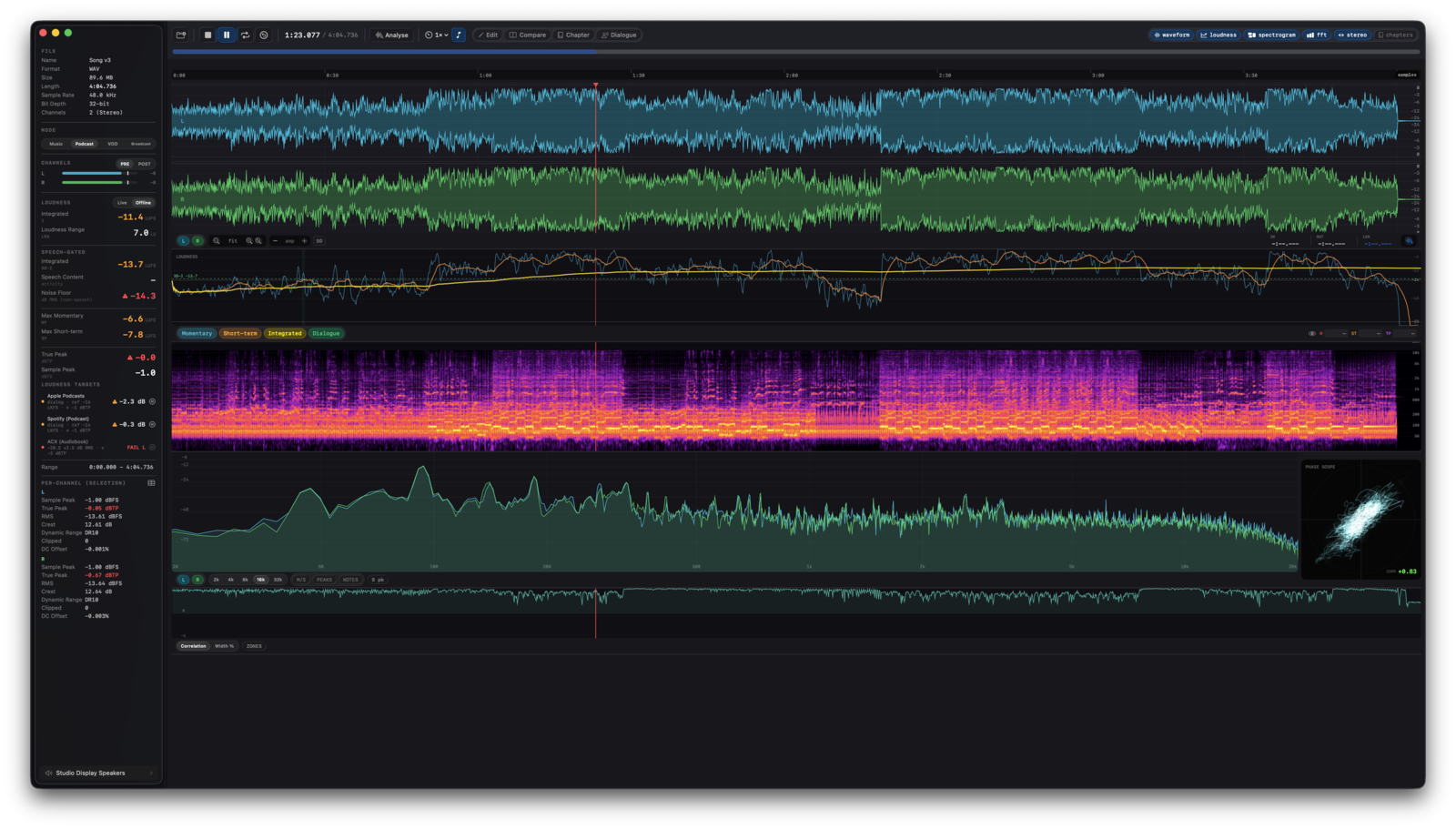 Specula's main window analysing a stereo master: stacked waveform, inferno spectrogram, loudness curve, FFT spectrum, and a Lissajous phase scope.