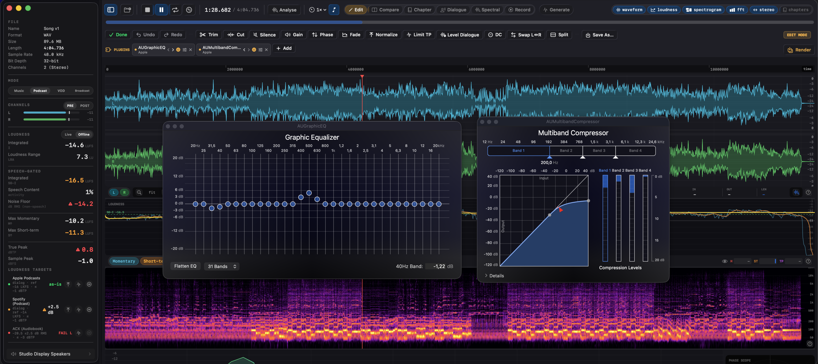 Specula's Edit mode with a plugin chain row under the toolbar: two Audio Unit effect chips loaded, each with bypass, reorder, window, and remove controls, and the meters reflecting the processed sound.
