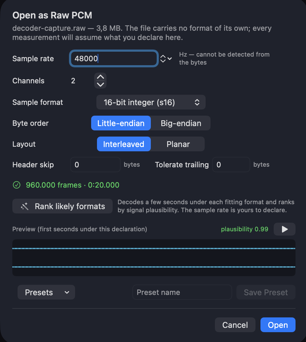 Specula's Open as Raw PCM sheet for a headerless file: sample rate, channels, sample format, byte order, interleaved or planar layout, header skip and trailing tolerance, a green frame count and duration, a Rank likely formats button, and a decoded waveform preview with a plausibility score.