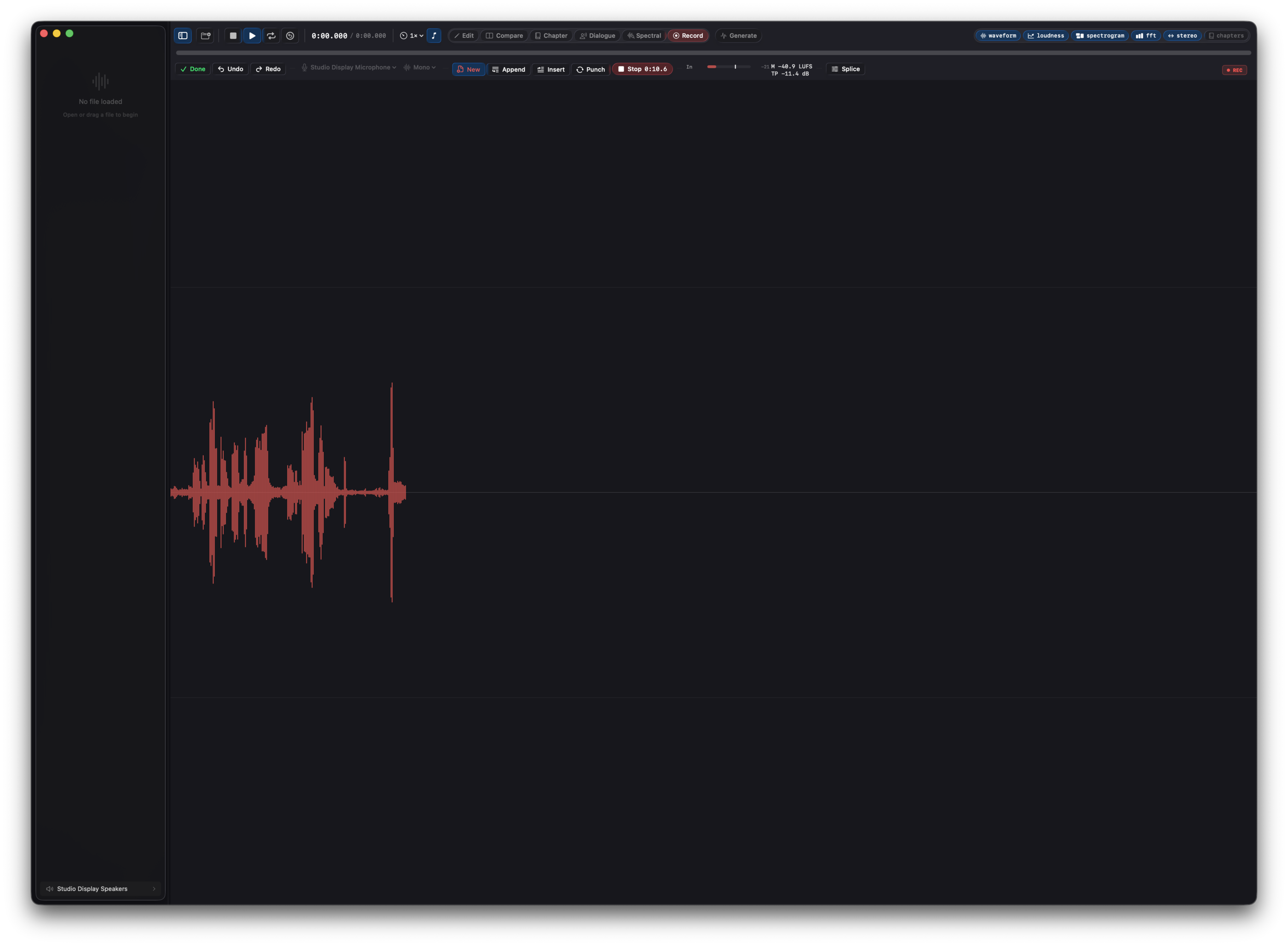 Record mode armed: the red record toolbar with input device, layout, and source pickers, the New / Append / Insert / Punch target, live momentary loudness and true peak meters, per-channel level bars, and the noise-floor readout.